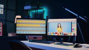 Photo processing software interface on computer screens in creative agency studio, zoom out shot. Image editing application UI displayed on multi monitors PC setup in multimedia workspace video