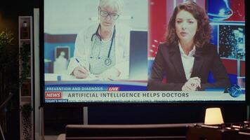 Modern TV displaying news program broadcasting with journalist talking about artificial intelligence subject, close up shot. Ultrawide television screen showing VOD journalism channel video