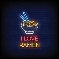 Neon Sign i love ramen with brick wall background vector