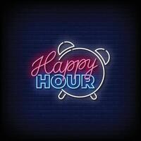Neon Sign happy hour with brick wall background vector