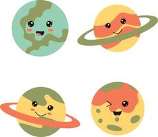 Cute Planet Character. Flat Cartoon Design. Vector Icon Set