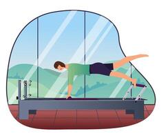 A woman performs exercises on a Pilates reformer. Background - high windows, outside the window there is nature, mountains, trees, blue sky. Atmospheric. Vector illustration