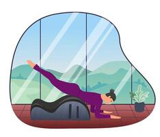 Woman doing Pilates with equipment. Equipment  - back corrector for Pilates. The background is high windows, outside the window there is nature, mountains, trees, blue sky. Atmospheric. Vector