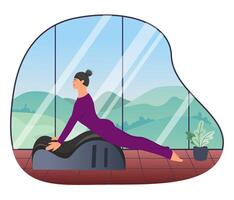 Woman doing Pilates with equipment. Equipment  - back corrector for Pilates. The background is high windows, outside the window there is nature, mountains, trees, blue sky. Atmospheric. Vector
