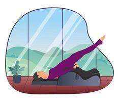 Woman doing Pilates with equipment. Equipment  - back corrector for Pilates. The background is high windows, outside the window there is nature, mountains, trees, blue sky. Atmospheric. Vector