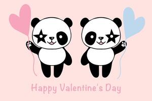 Valentine card with cute pandas and hearts. The concept of love. Illustration on a pink background. vector