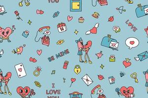 Valentine's Day seamless pattern with groovy style elements. Vector pattern in retro style of the 70s, 80s. Cute heart characters. Vector illustration. Vector illustration