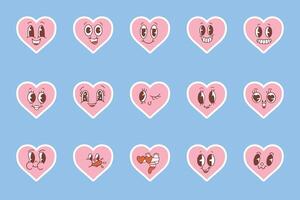 Kawaii hearts, set of cute emoji icons, stickers. Hand drawn emotional cartoon characters. Cute love characters with different faces, funny positive emotions. Blue background. vector