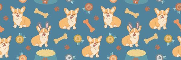 Seamless pattern with cartoon Corgi dog pattern and medals. Vector illustration on a blue background.