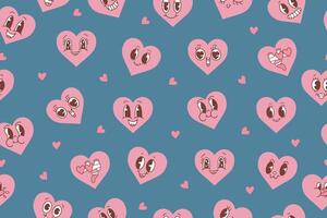 Vector pattern with cute cartoon pink hearts.Seamless pattern for Valentine's Day. Trendy retro cartoon heart characters seamless pattern. Groovy style, vintage, 70s 60s aesthetics. Vector