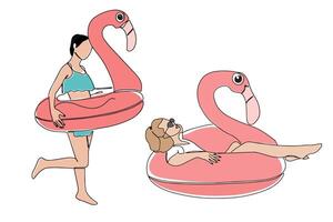 A woman in an inflatable ring in the shape of a pink flamingo. Summer party. Vector illustration