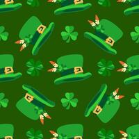 Saint Patrick's Day seamless pattern. Leprechaun hat, clover shamrock. Vector. vector