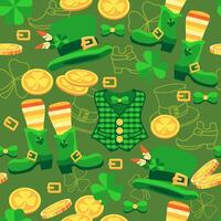 Saint Patrick's Day seamless pattern. Leprechaun hat, shoes, clover. Vector. vector