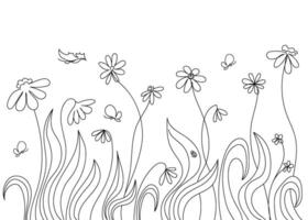 Abstract meadow of wild flowers and butterflies and ladybug doodle art. Botanical sketch. Floral pattern. Vector illustration for coloring book in minimalist style.