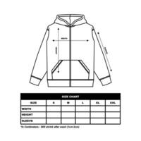 Zip up hoodie sweatshirt Size Chart. technical drawing fashion flat sketch vector illustration