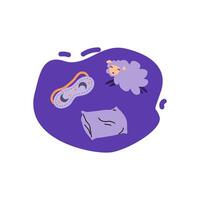 sleeping mask, pillow and sheep on violet spot vector