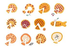 Hand drawn sliced pie set with different shapes. vector