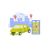 automobile with location mark and mobille app for rent automobile vector