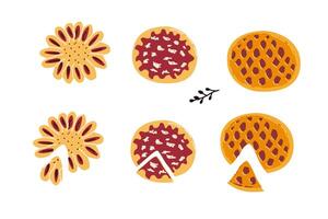 Hand drawn fruit and berry pie set with filling and lattic vector