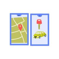 mobille app with map location mark and automobile vehicle with electronic key vector