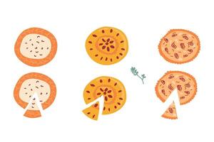 Hand drawn pie set with cheesecake, onion pie and berry pie vector