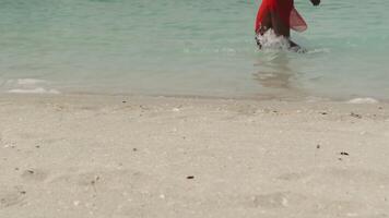 A young swarthy woman in a bikini and a light red dress walks barefoot on a sandy beach in the surf water video