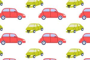 Cartoon Car collection childish pattern. Red and green automobile background vector