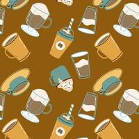 Coffee drink in different cups - brown seamless pattern vector