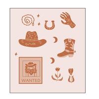 Hand drawn vector poster with boho cowboy elements. Vector illustration with flowers, wanted card, boot, hand, horseshoe and rope. Can used for decoration.