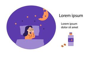 cartoon sleep woman in bedtime with sleeping pills. vector