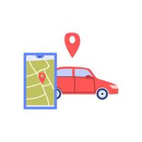 automobile vehicle and mobille app with map and location mark vector