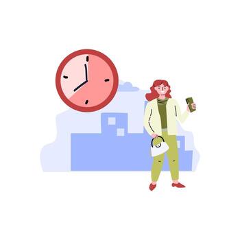 negocio esperando - mujer en traje con reloj en pie y utilizando móvil aplicación vector