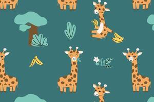 cartoon animals giraffe and tree, grass seamless pattern vector