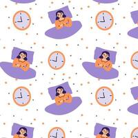 seamless pattern good night with sleeping woman and clock vector