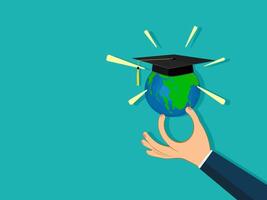 hand holds the world with the graduation cap vector