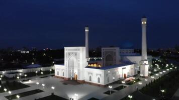 un zumbido moscas alrededor un iluminado mezquita a noche. nublado cielo en el antecedentes. video