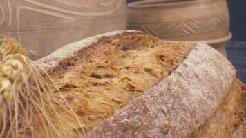 Close-up of fresh baked whole grain bread move in slow motion video