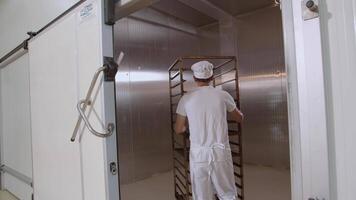 Baker dressed in white and toque puts a cart with bread into big oven video