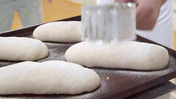 Bakers sprinkle flour a lot of ready-to-bake breads that lie on the table video