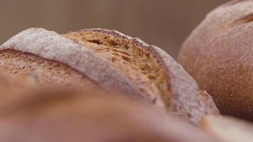 Camera is zoom through sliced and whole wheat bread and wheat ears to the clay pots video