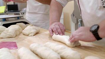 drie bakkers werk in de bakkerij met deeg. langzaam beweging video