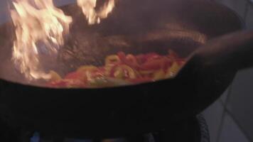 Fresh veggies are flambeing on a frying pan over open fire video