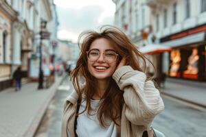 ai generado contento dama con lentes posando en calle en ciudad. foto