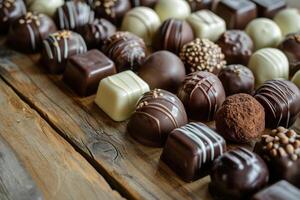 AI generated Dark, milk and white chocolate candies, pralines, truffles on wooden table photo