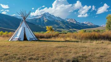 AI generated Tent with mountains in background. photo