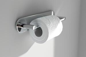 AI generated A white roll of soft toilet paper neatly hanging on a modern chrome holder. photo