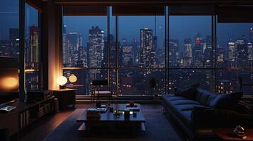 ai generado realista vivo habitación a noche con un paisaje urbano ver foto