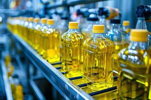 AI generated Bottling line of sunflower oil in bottles. Vegetable oil production plant. Industrial background photo