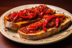 ai generado rojo pimientos con genial anchoas en un rebanada de un pan. típico Español alimento. foto