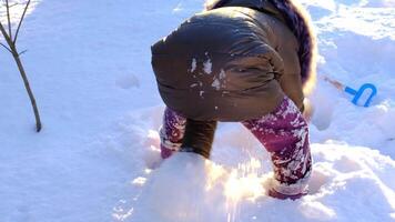 a criança menina é engraçado escavação e jogando neve ao ar livre, escavação neve a partir de debaixo ela mesma entre dela pernas. inverno entretenimento do infância video